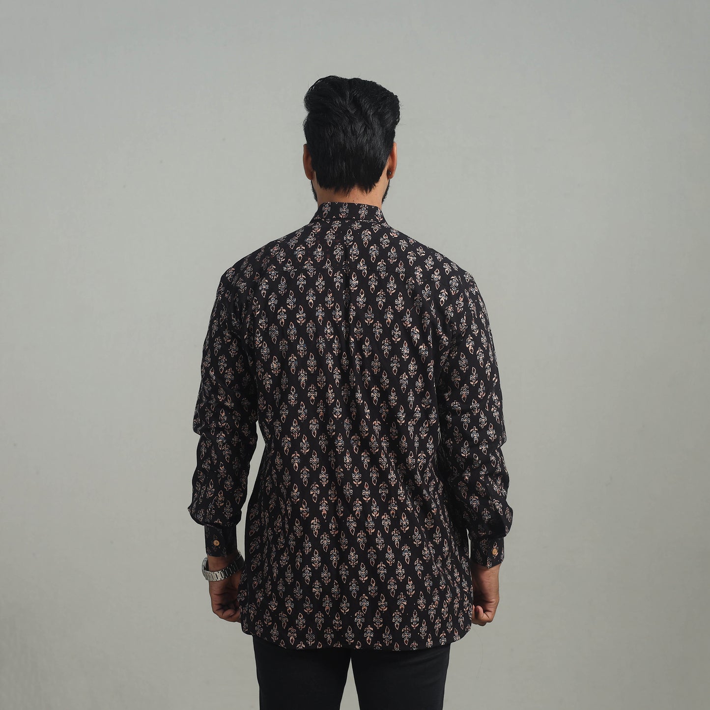 Black - Natural Dyed Cotton Men Ajrakh Print Shirt 03