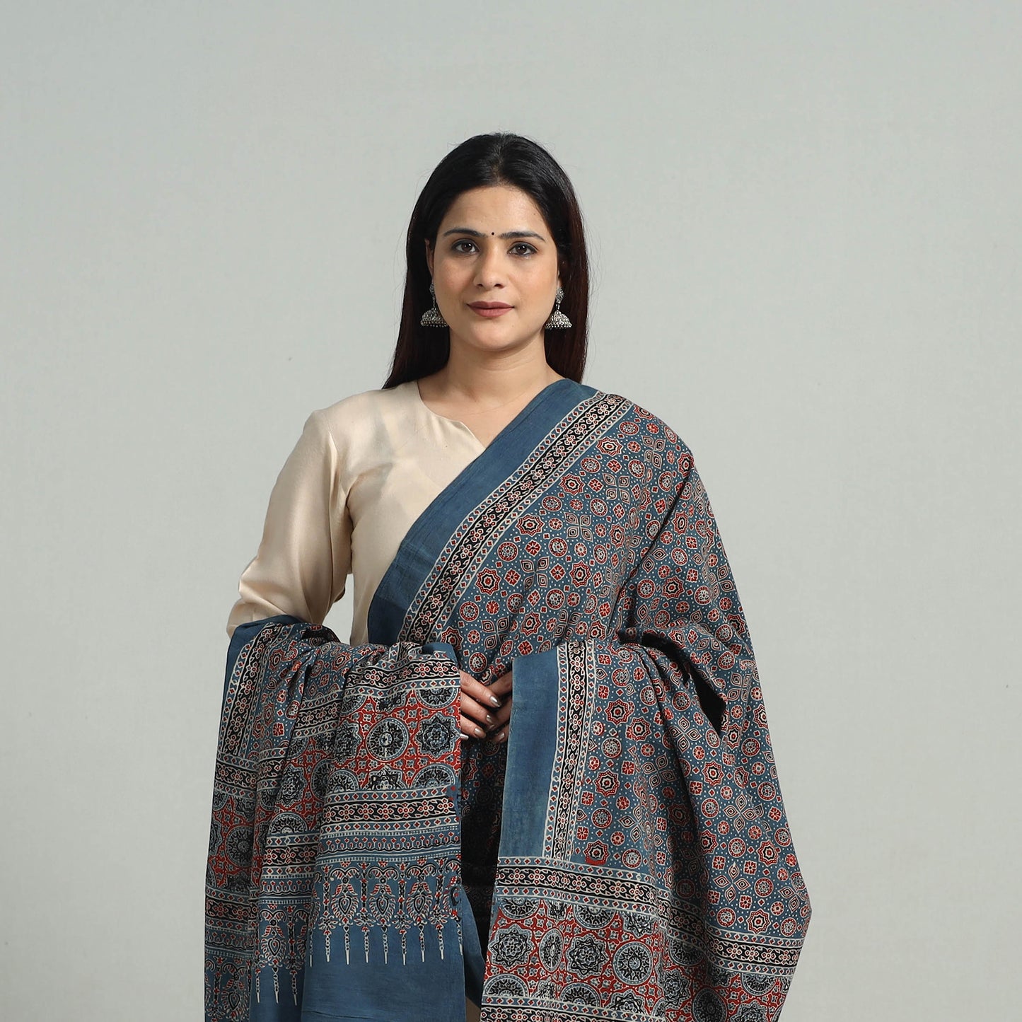 Hand Block Printed Cotton Ajrakh Dupatta 17