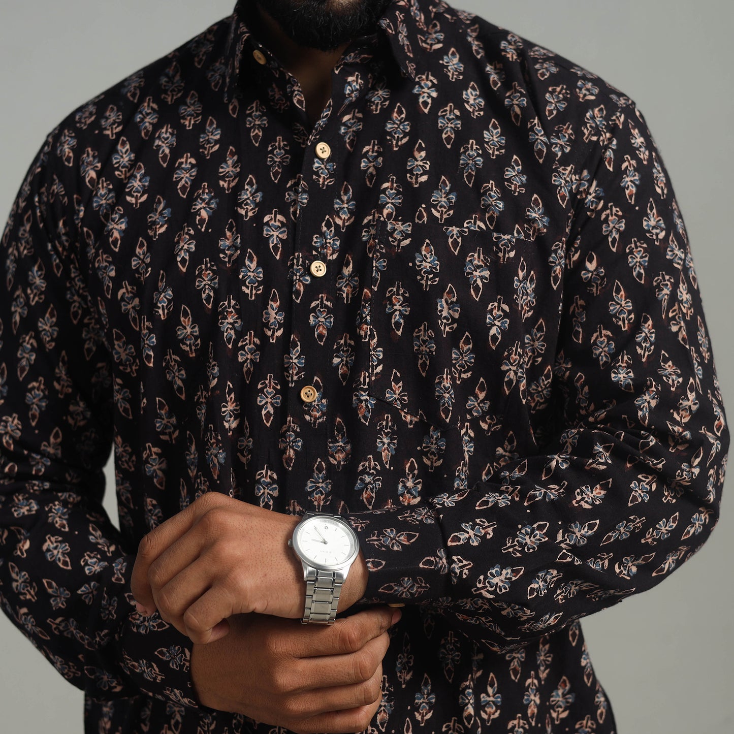 Black - Natural Dyed Cotton Men Ajrakh Print Shirt 03