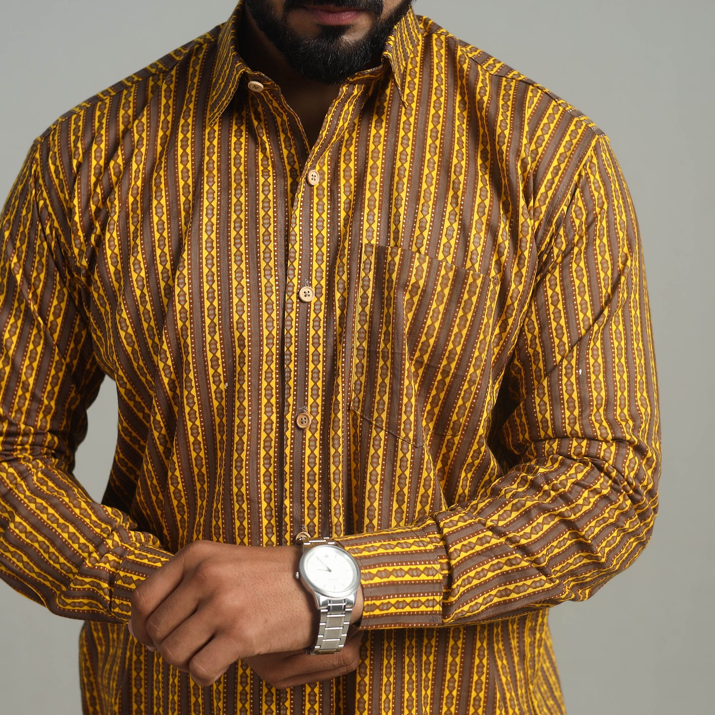 Brown - Full Sleeve Cotton Men Jaipur Print Shirt 01