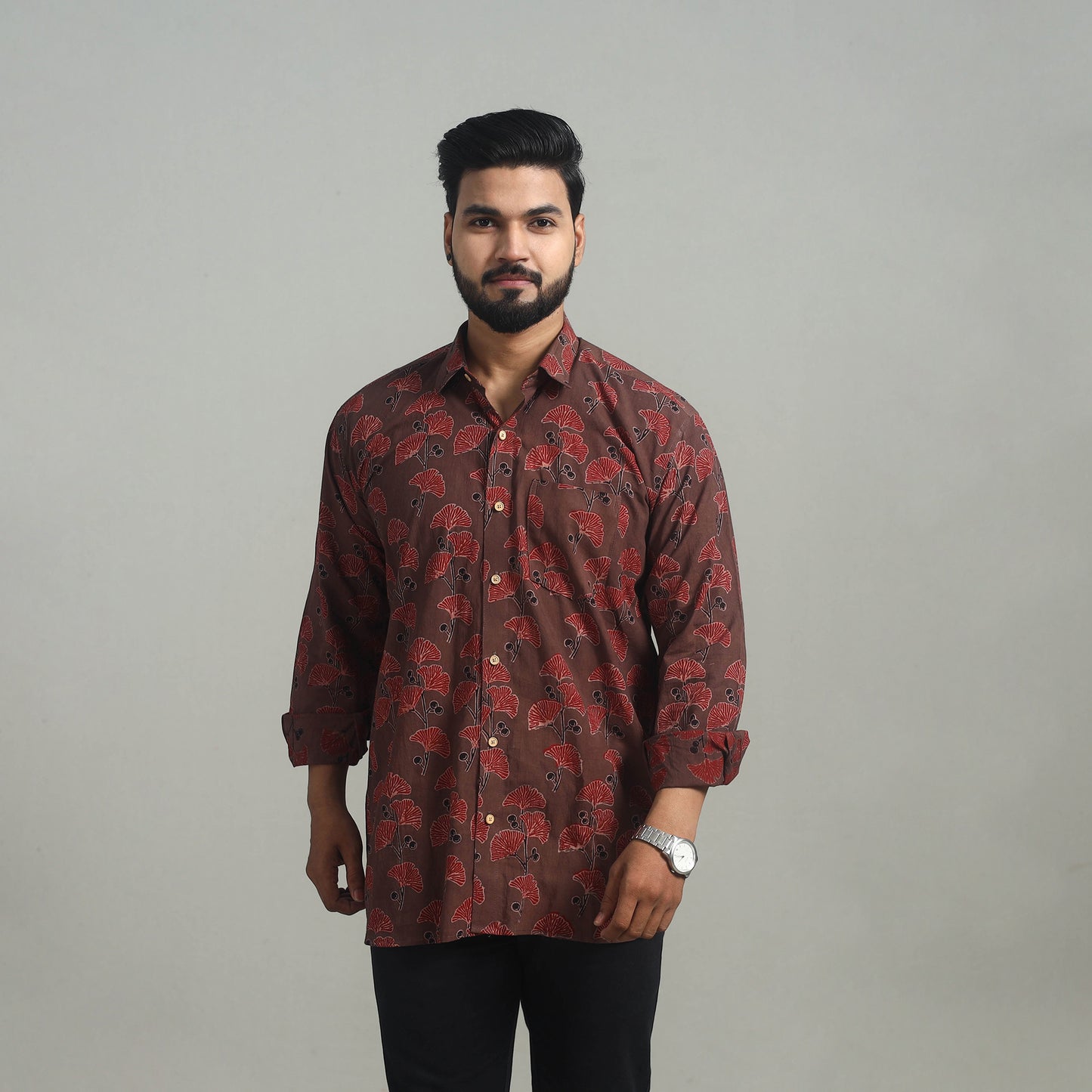 Brown - Natural Dyed Cotton Men Ajrakh Print Shirt 14