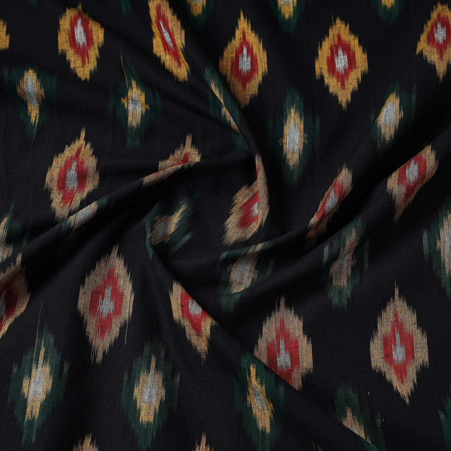 Black With Multicoloured Butta Pochampally Central Asian Ikat Cotton Handloom Fabric