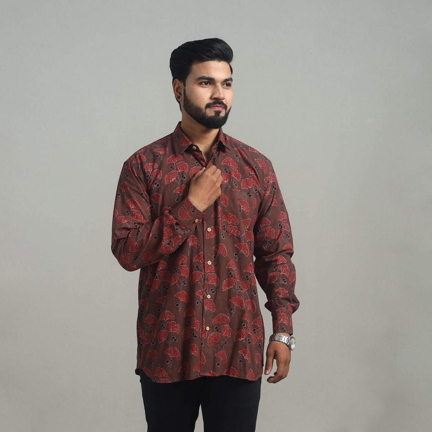 Brown - Natural Dyed Cotton Men Ajrakh Print Shirt 14