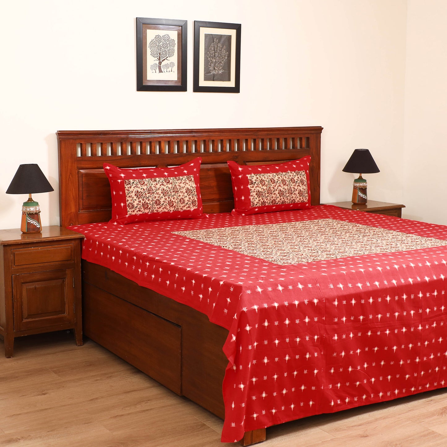 Pochampally Ikat with Kalamkari Patch Cotton Double Bedsheet Set (108 x 90 in) 13