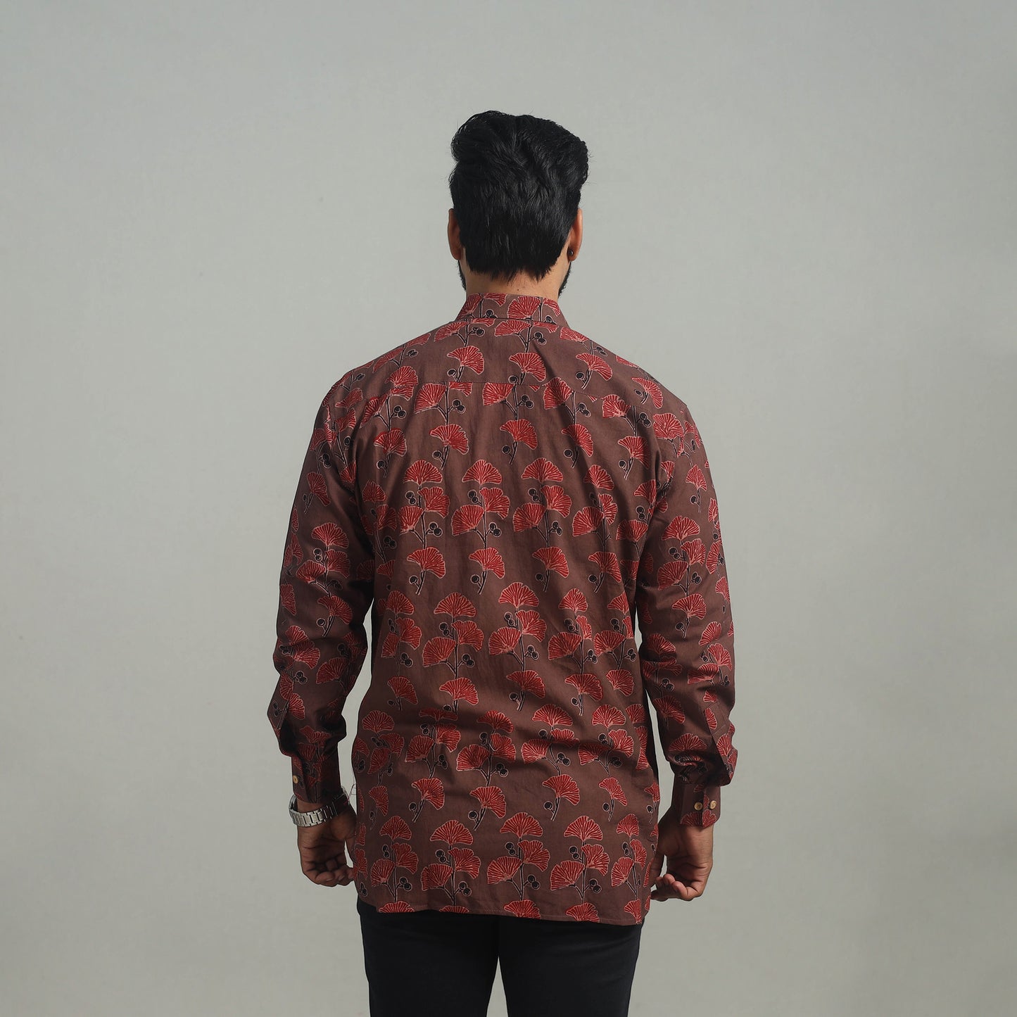 Brown - Natural Dyed Cotton Men Ajrakh Print Shirt 14