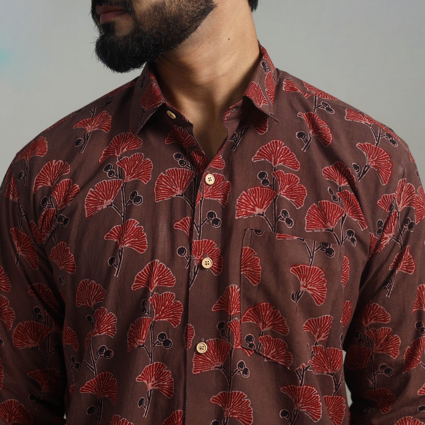 Brown - Natural Dyed Cotton Men Ajrakh Print Shirt 14