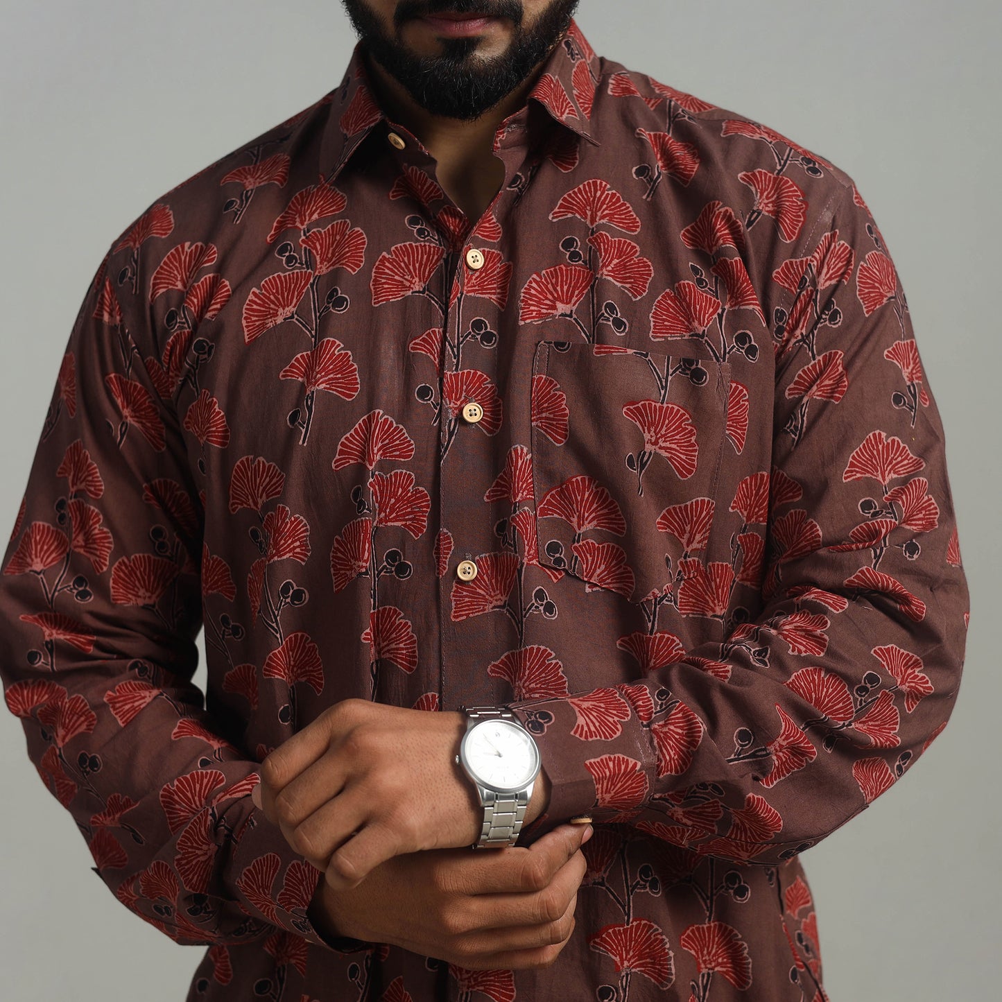 Brown - Natural Dyed Cotton Men Ajrakh Print Shirt 14