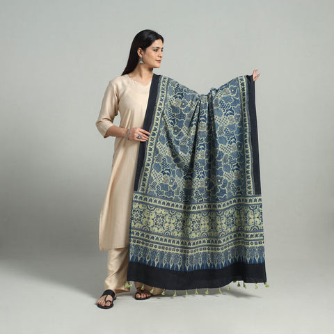 Blue - Hand Block Printed Cotton Ajrakh Dupatta 22