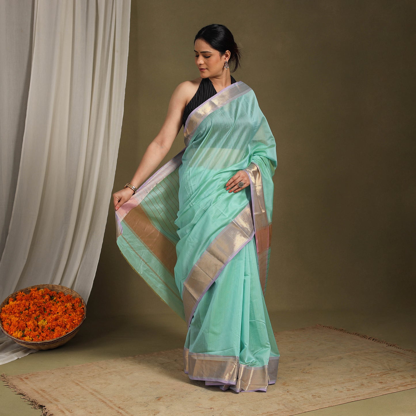 Green - traditional handloom zari work silk maheshwari