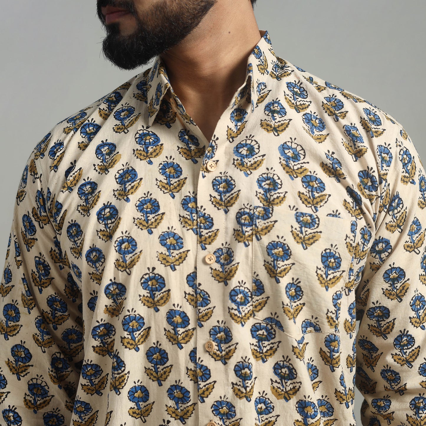 Beige - Natural Dyed Cotton Men Ajrakh Print Shirt 04