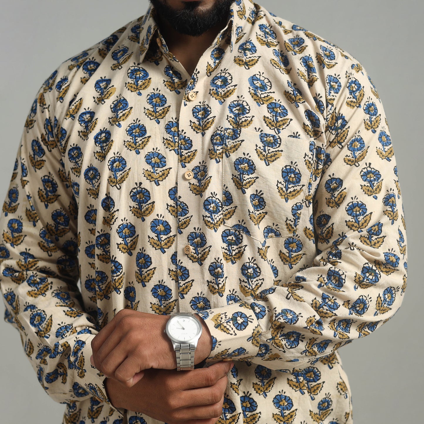 Beige - Natural Dyed Cotton Men Ajrakh Print Shirt 04