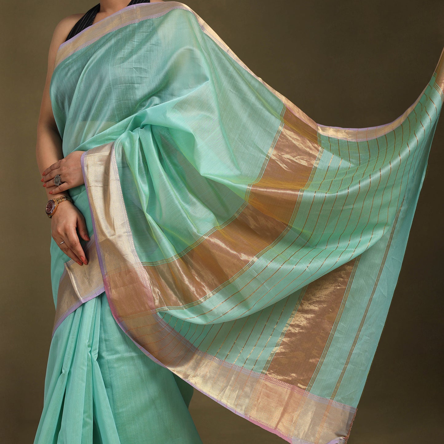 Green - traditional handloom zari work silk maheshwari