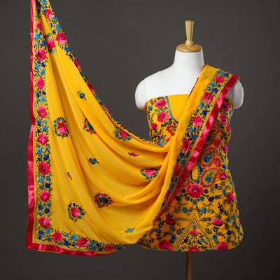 Yellow - 3pc Hand Embroidery Georgette Phulkari Dress Material 10