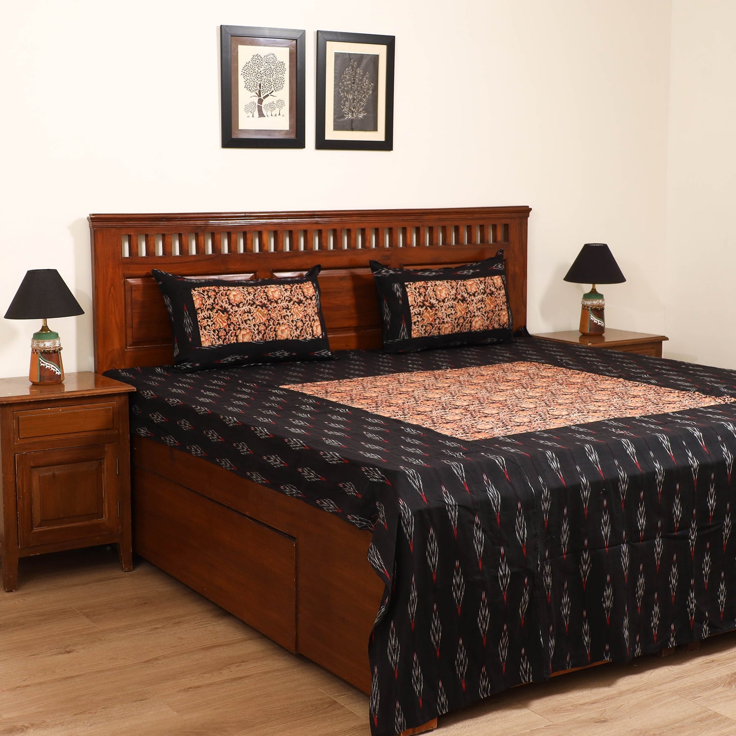 Pochampally Ikat with Kalamkari Patch Cotton Double Bedsheet Set (108 x 90 in) 16
