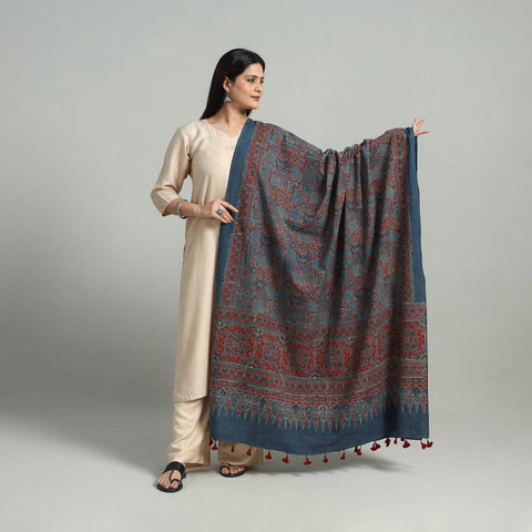 Blue - Hand Block Printed Cotton Ajrakh Dupatta 26