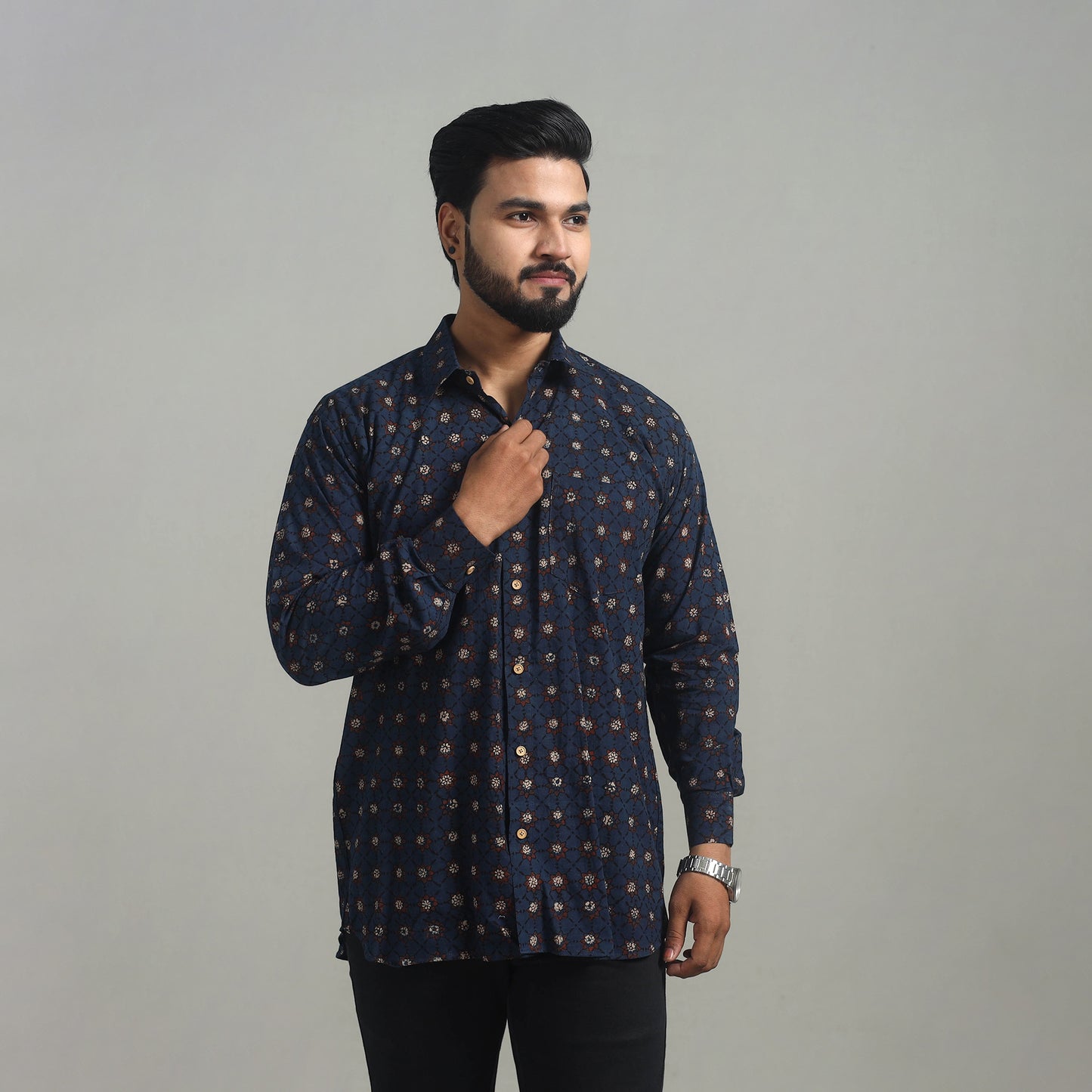 Blue - Natural Dyed Cotton Men Ajrakh Print Shirt 07