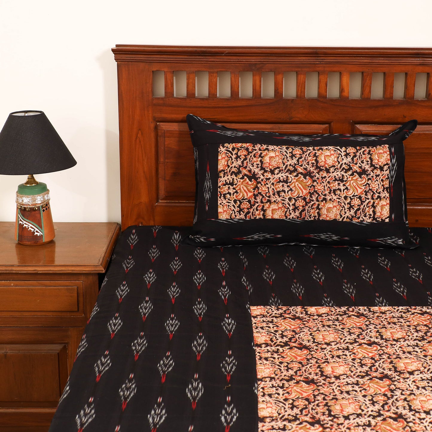 Pochampally Ikat with Kalamkari Patch Cotton Double Bedsheet Set (108 x 90 in) 16