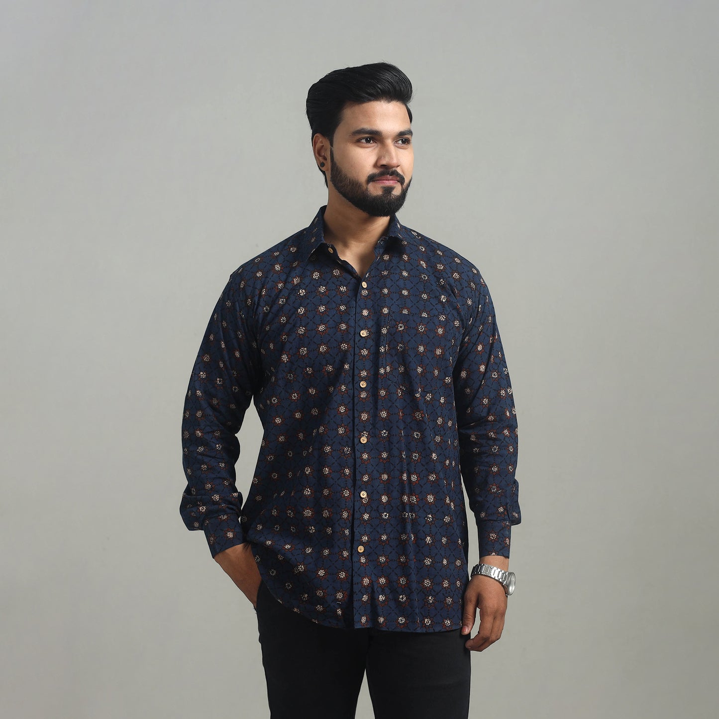 Blue - Natural Dyed Cotton Men Ajrakh Print Shirt 07