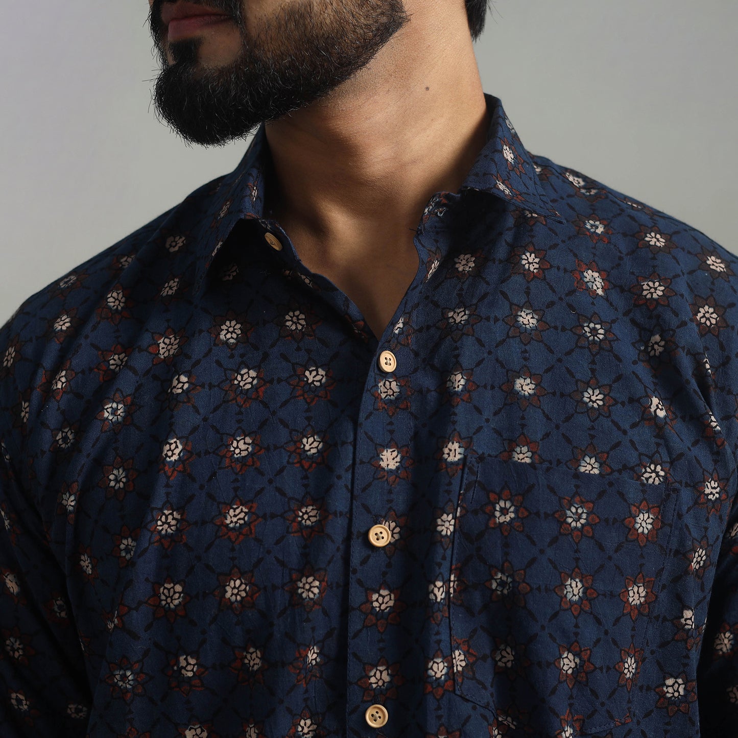 Blue - Natural Dyed Cotton Men Ajrakh Print Shirt 07