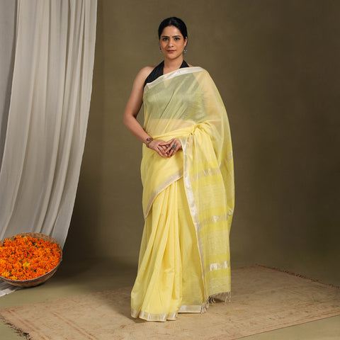 Yellow - traditional handloom zari work silk maheshwari