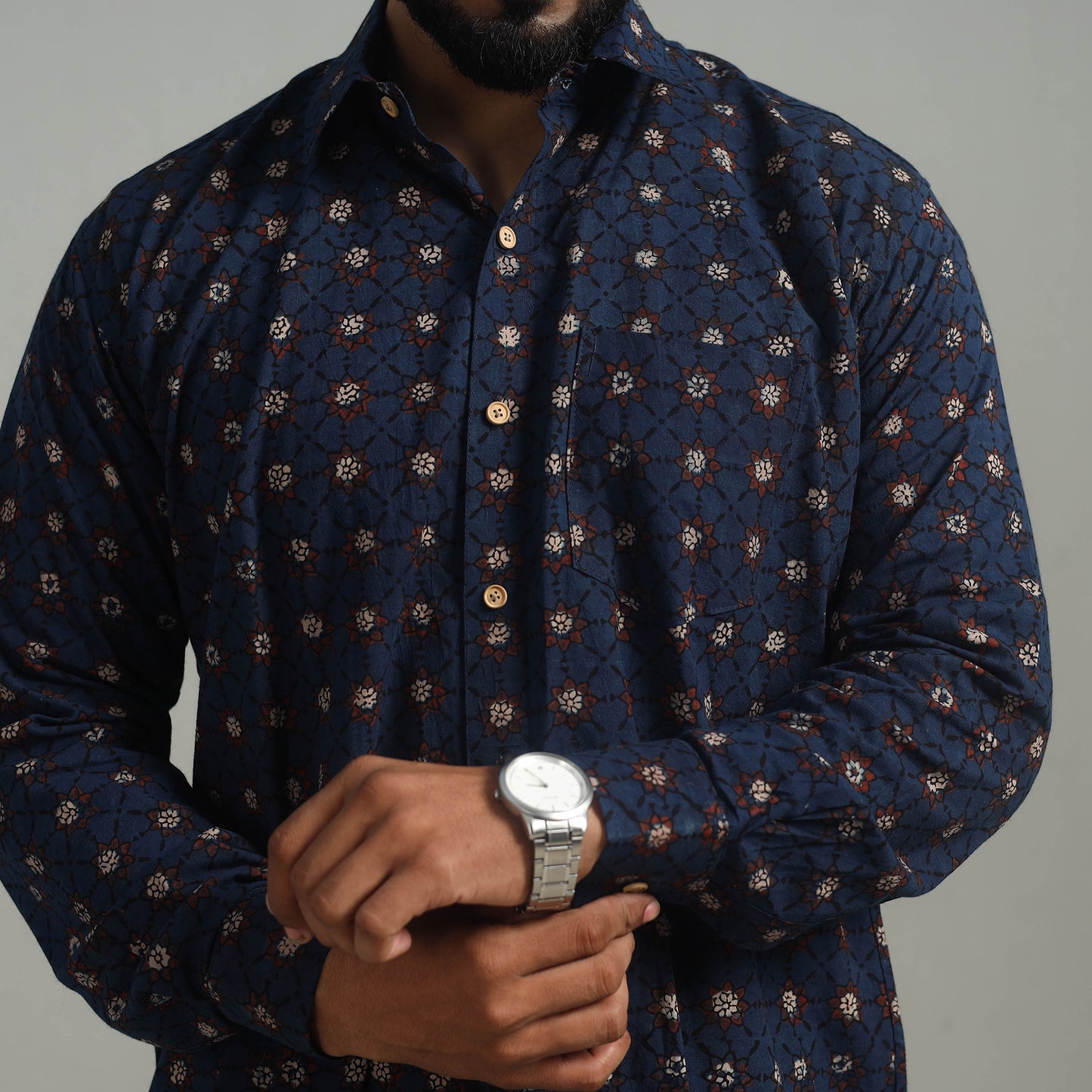 Blue - Natural Dyed Cotton Men Ajrakh Print Shirt 07