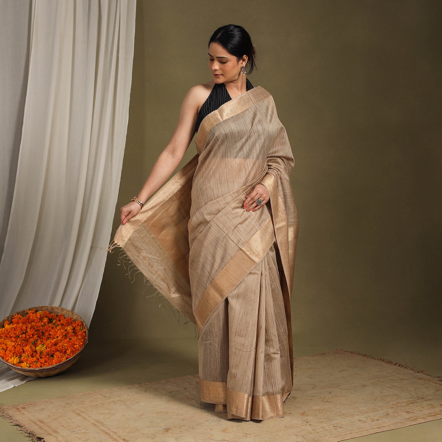 Brown - traditional handloom zari work silk maheshwari