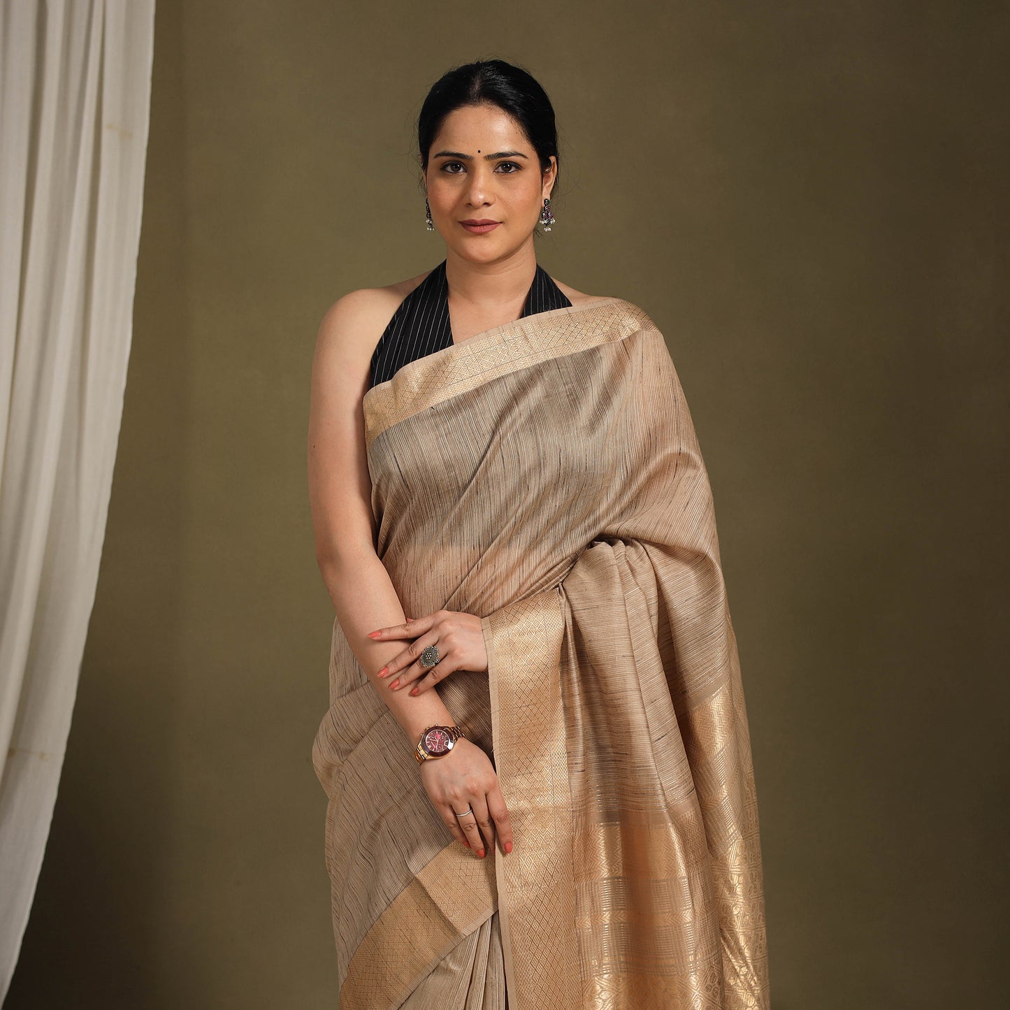 Brown - traditional handloom zari work silk maheshwari