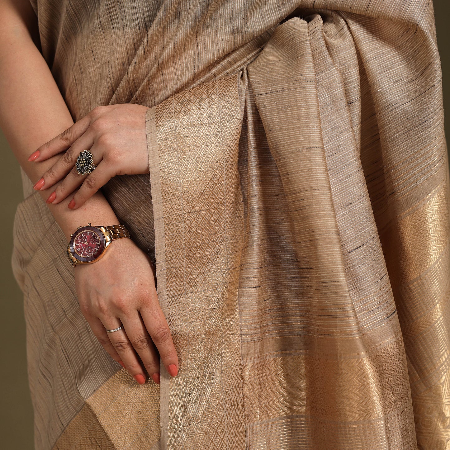 Brown - traditional handloom zari work silk maheshwari