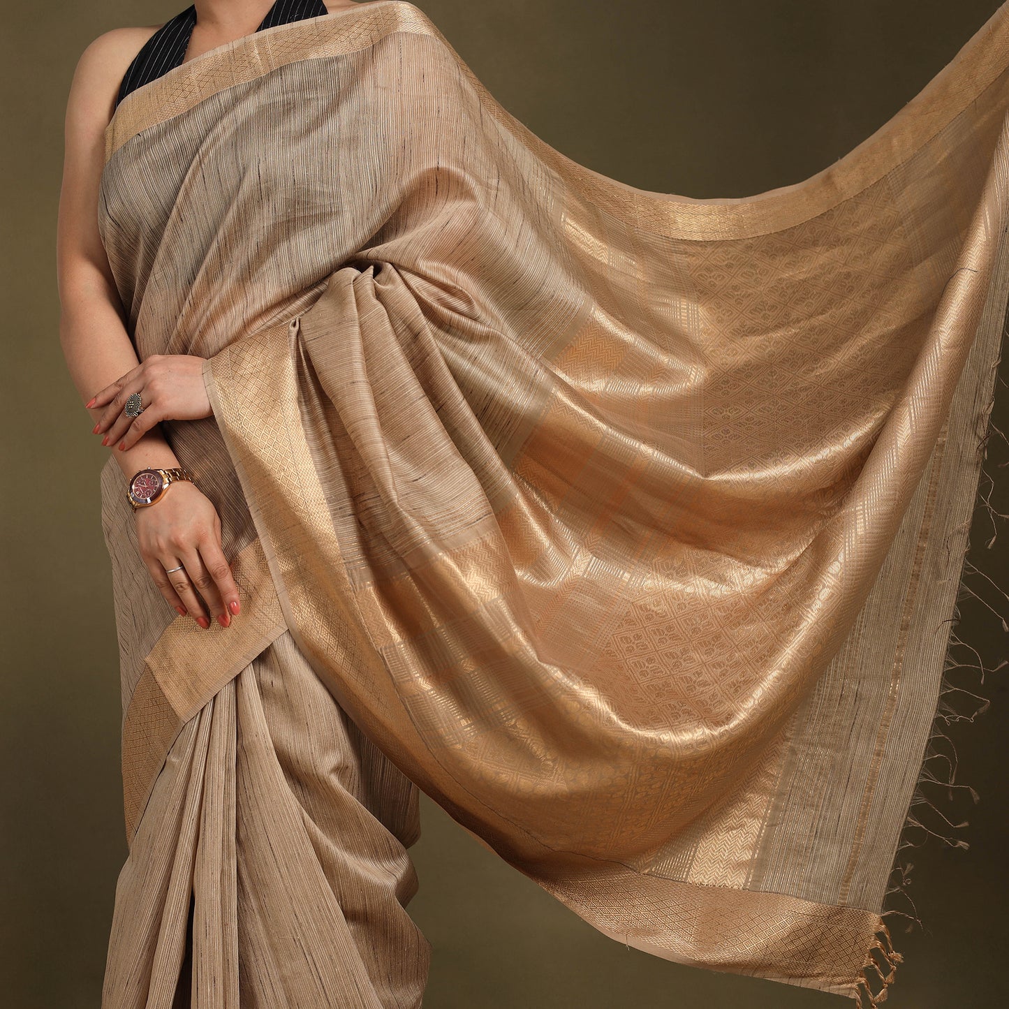 Brown - traditional handloom zari work silk maheshwari