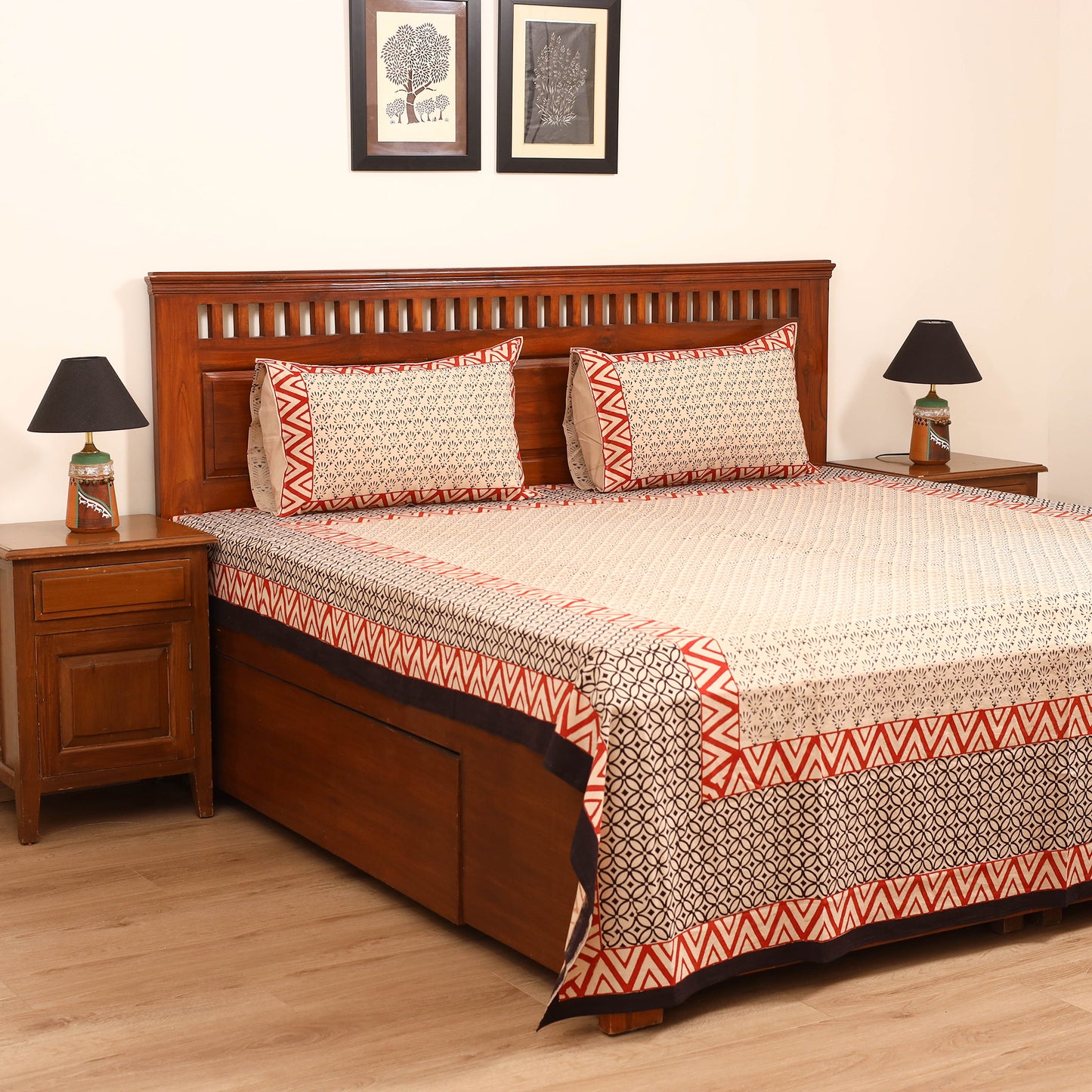Bagru Hand Block Print Natural Dyed Cotton Double Bedsheet Set (108 x 90 in) 19