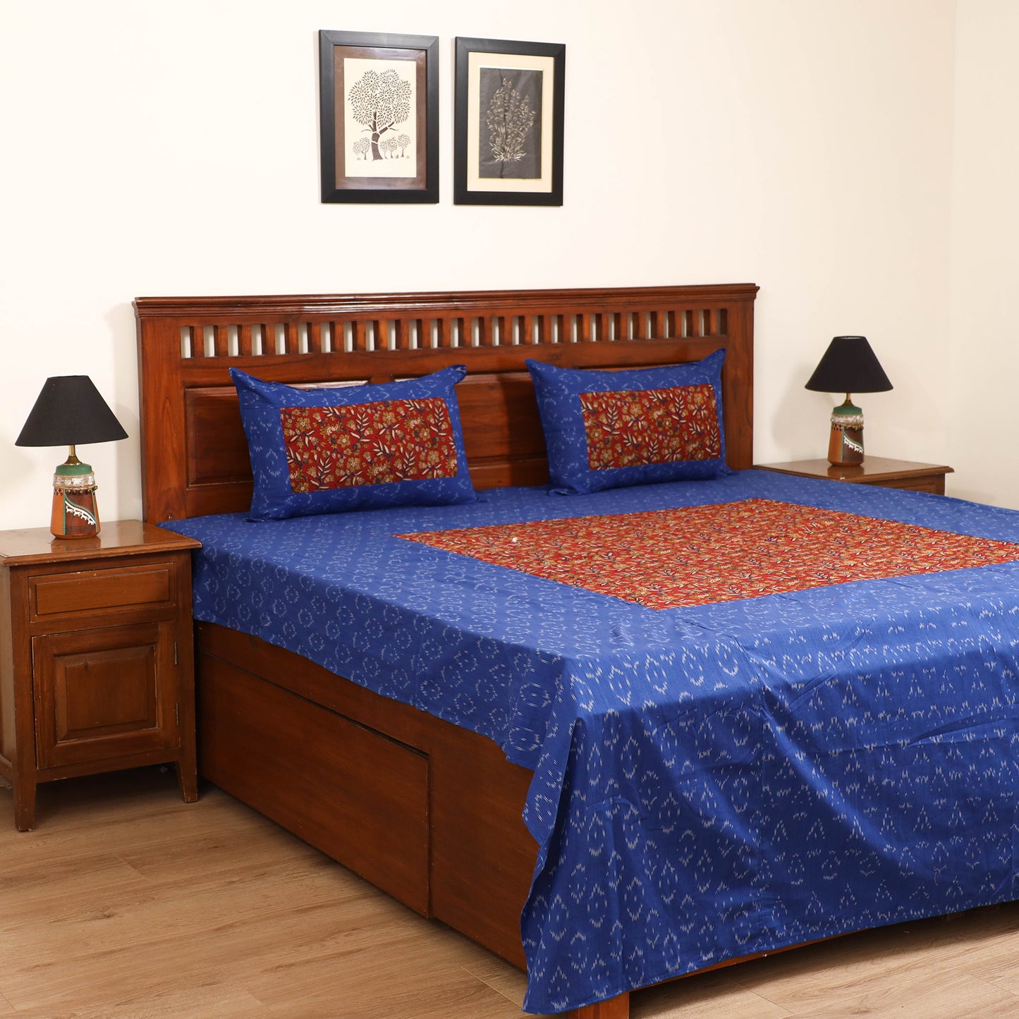 Pochampally Ikat with Kalamkari Patch Cotton Double Bedsheet Set (108 x 90 in) 20