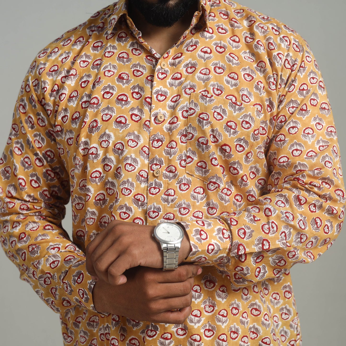 Yellow - Full Sleeve Cotton Men Sanganeri Print Shirt 11