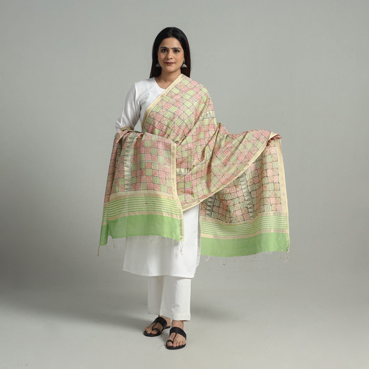 Pure Handloom Chanderi Silk Bengal Kantha Work Dupatta 04