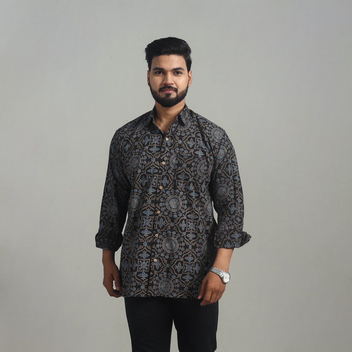 Black - Natural Dyed Cotton Men Ajrakh Print Shirt 09