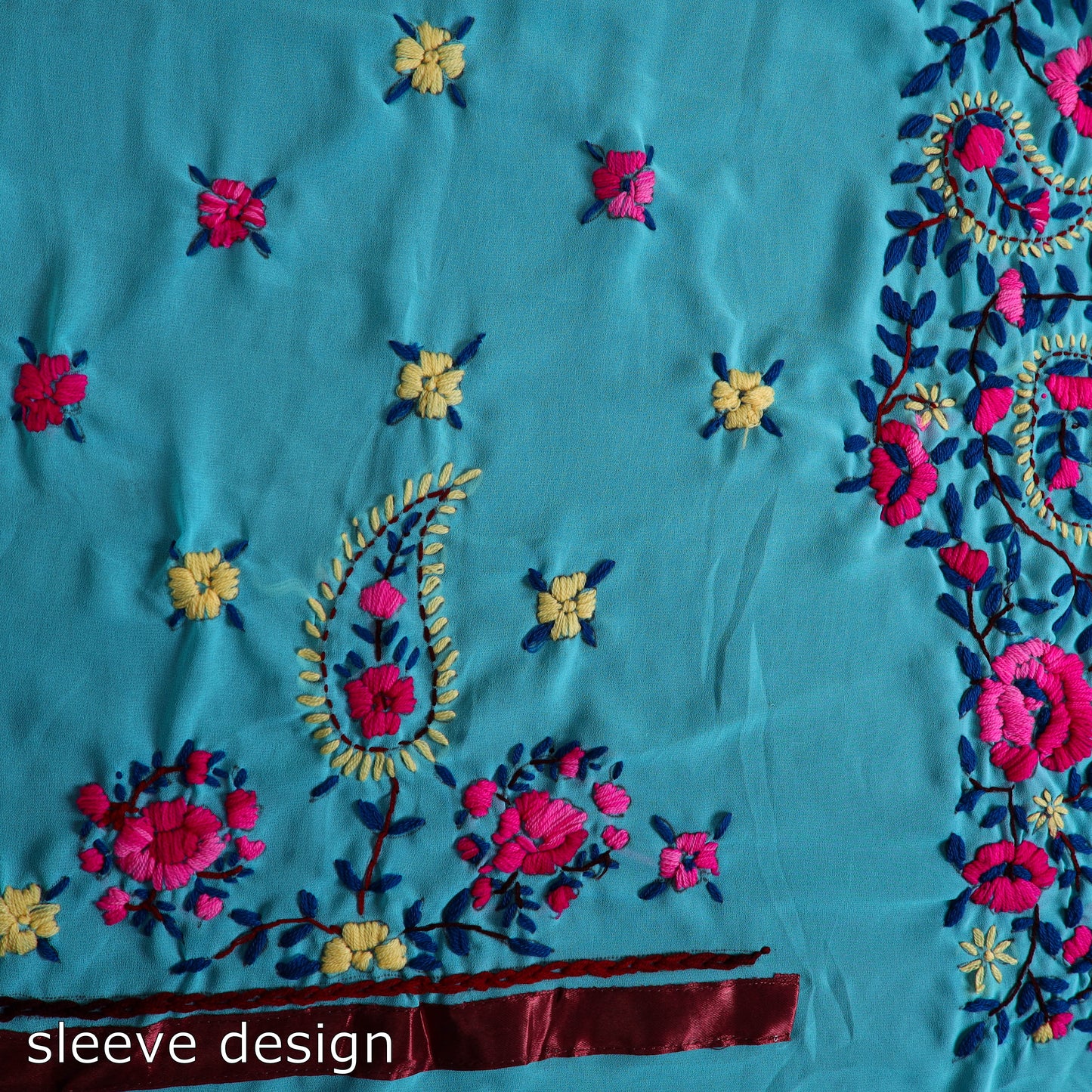 Blue - 3pc Hand Embroidery Georgette Phulkari Dress Material 08