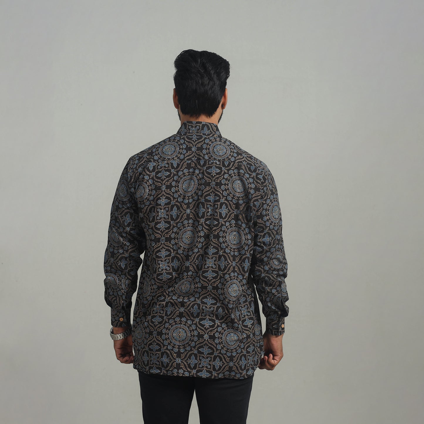 Black - Natural Dyed Cotton Men Ajrakh Print Shirt 09