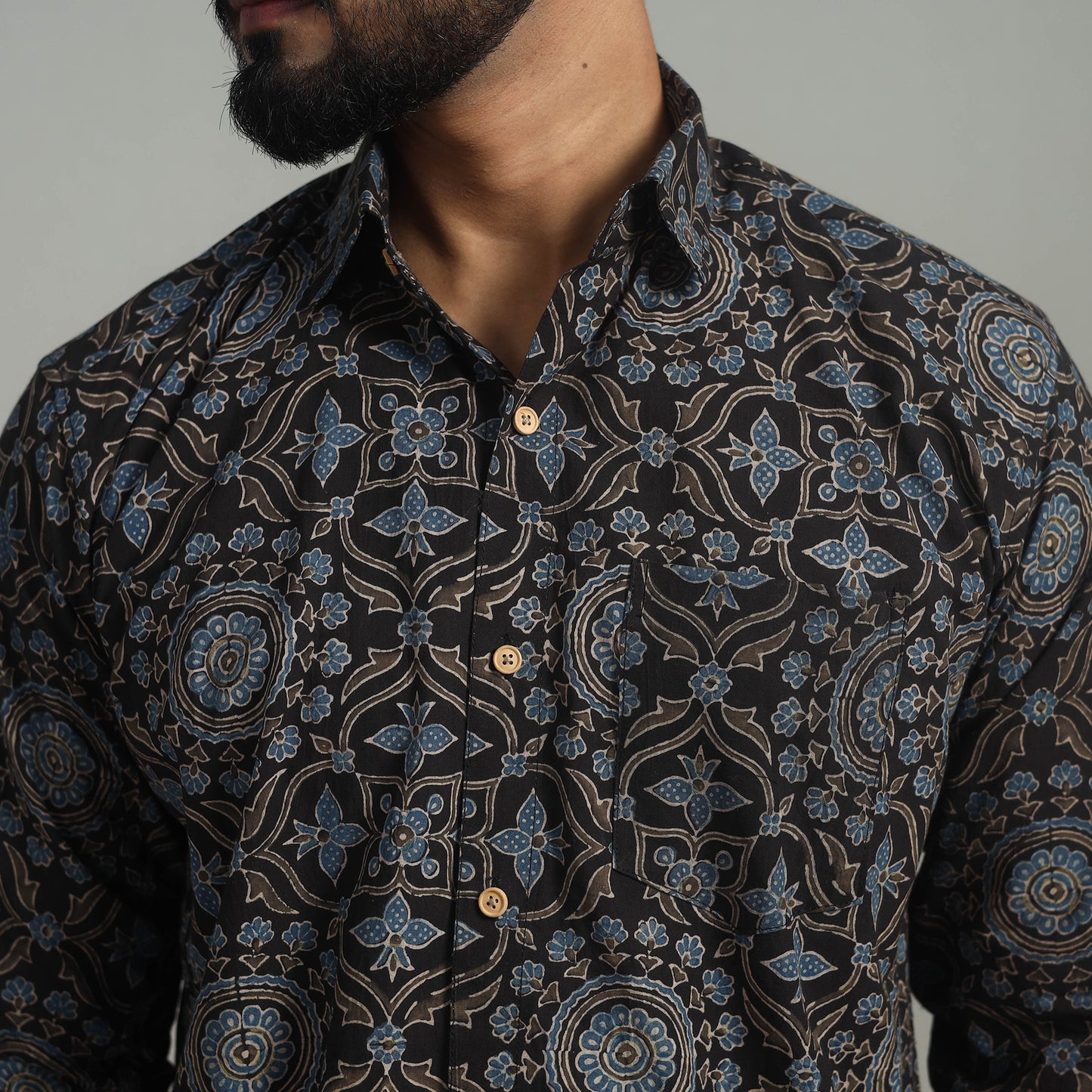 Black - Natural Dyed Cotton Men Ajrakh Print Shirt 09