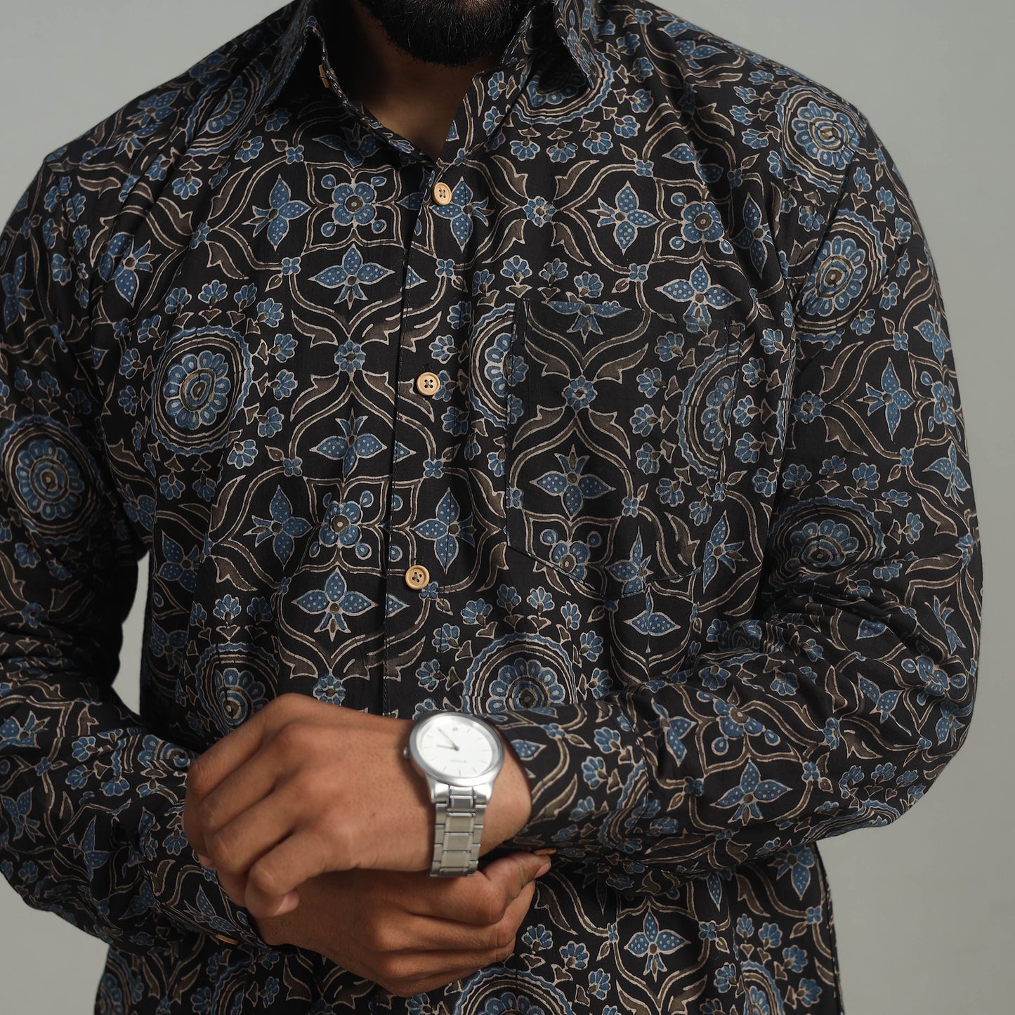 Black - Natural Dyed Cotton Men Ajrakh Print Shirt 09