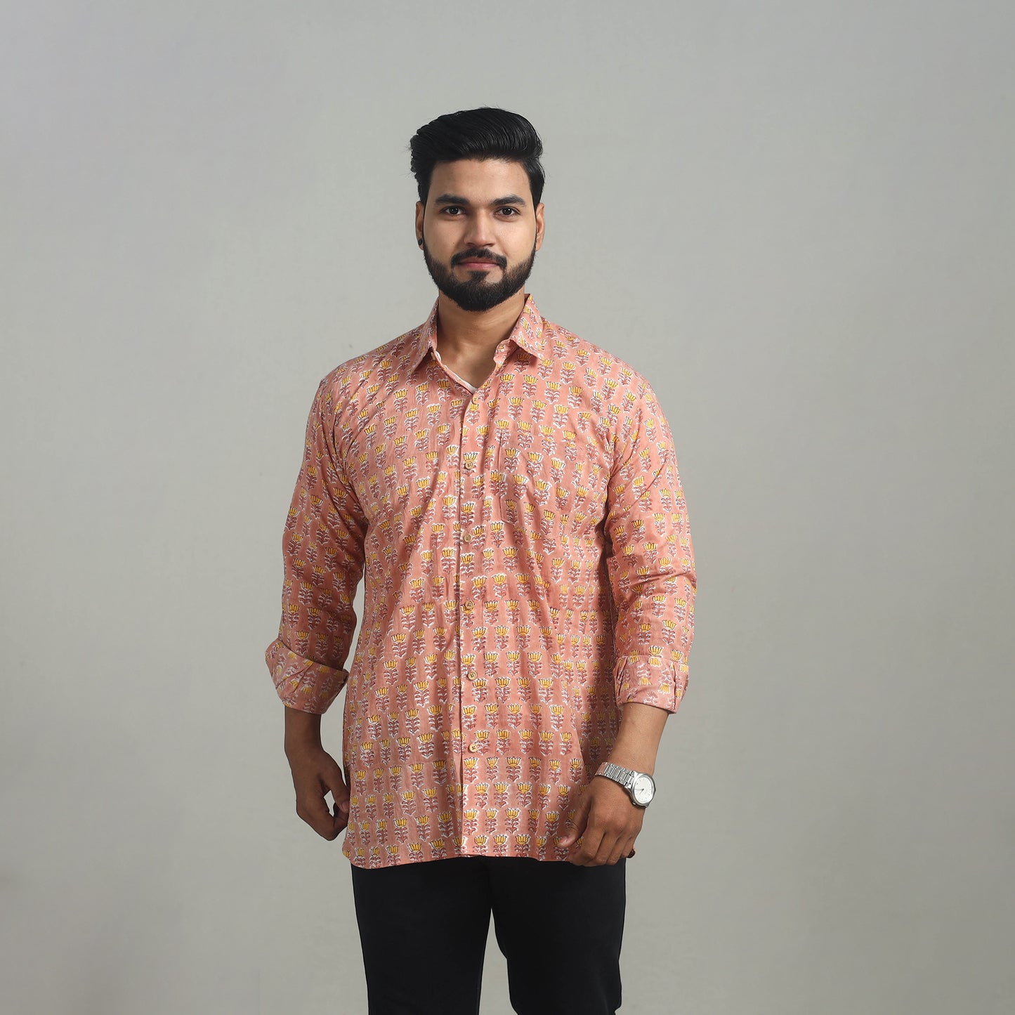 Peach - Full Sleeve Cotton Men Sanganeri Print Shirt 09