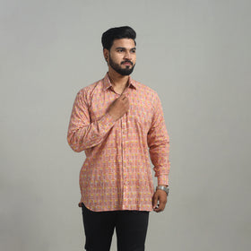  Peach Full Sleeve Cotton Men Sanganeri Print Shirt