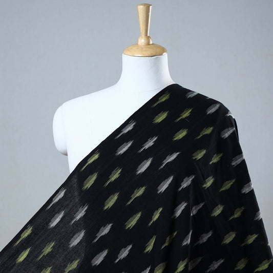 Black - Grey & Green Feather Motifs Pochampally Ikat Weave Cotton Fabric