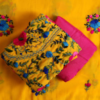 Yellow - 3pc Hand Embroidery Georgette Phulkari Dress Material 10