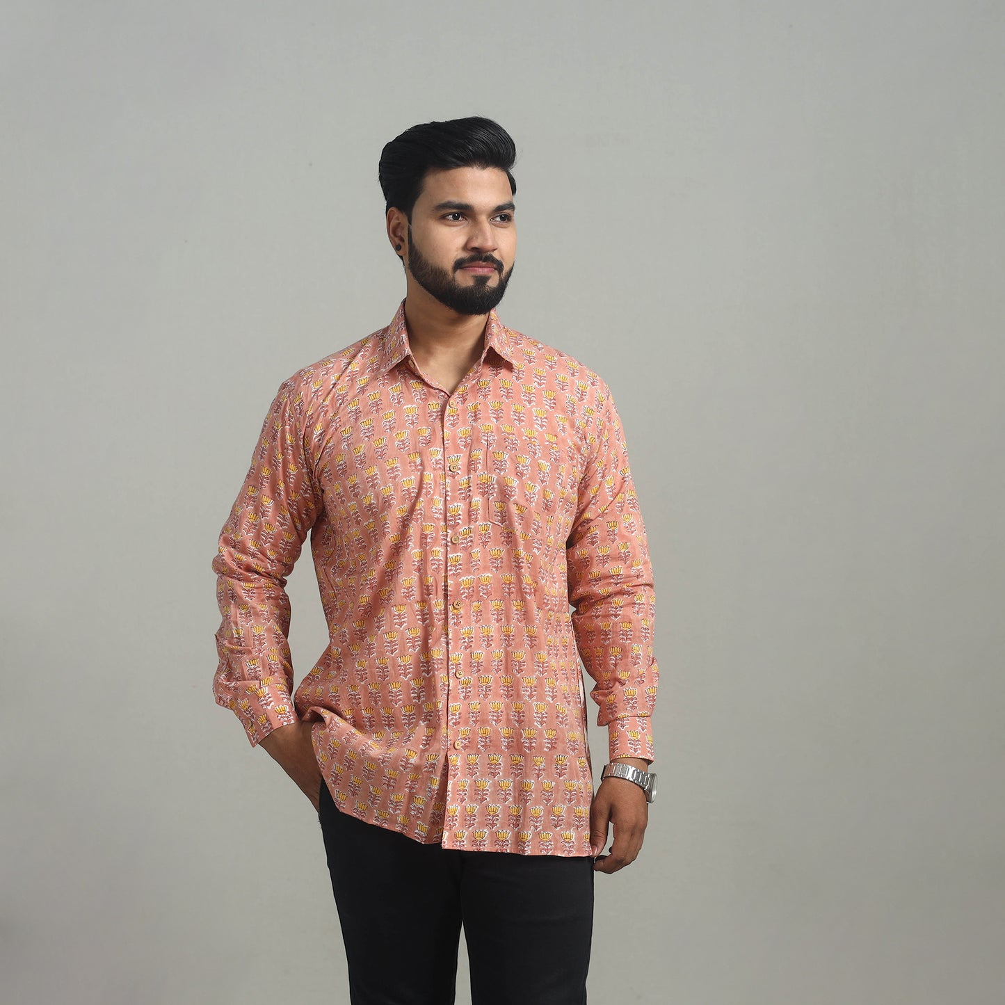 Peach - Full Sleeve Cotton Men Sanganeri Print Shirt 09