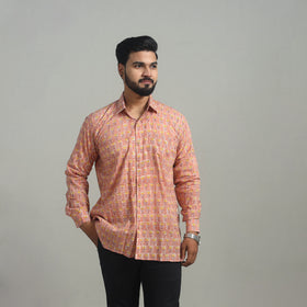  Peach Full Sleeve Cotton Men Sanganeri Print Shirt