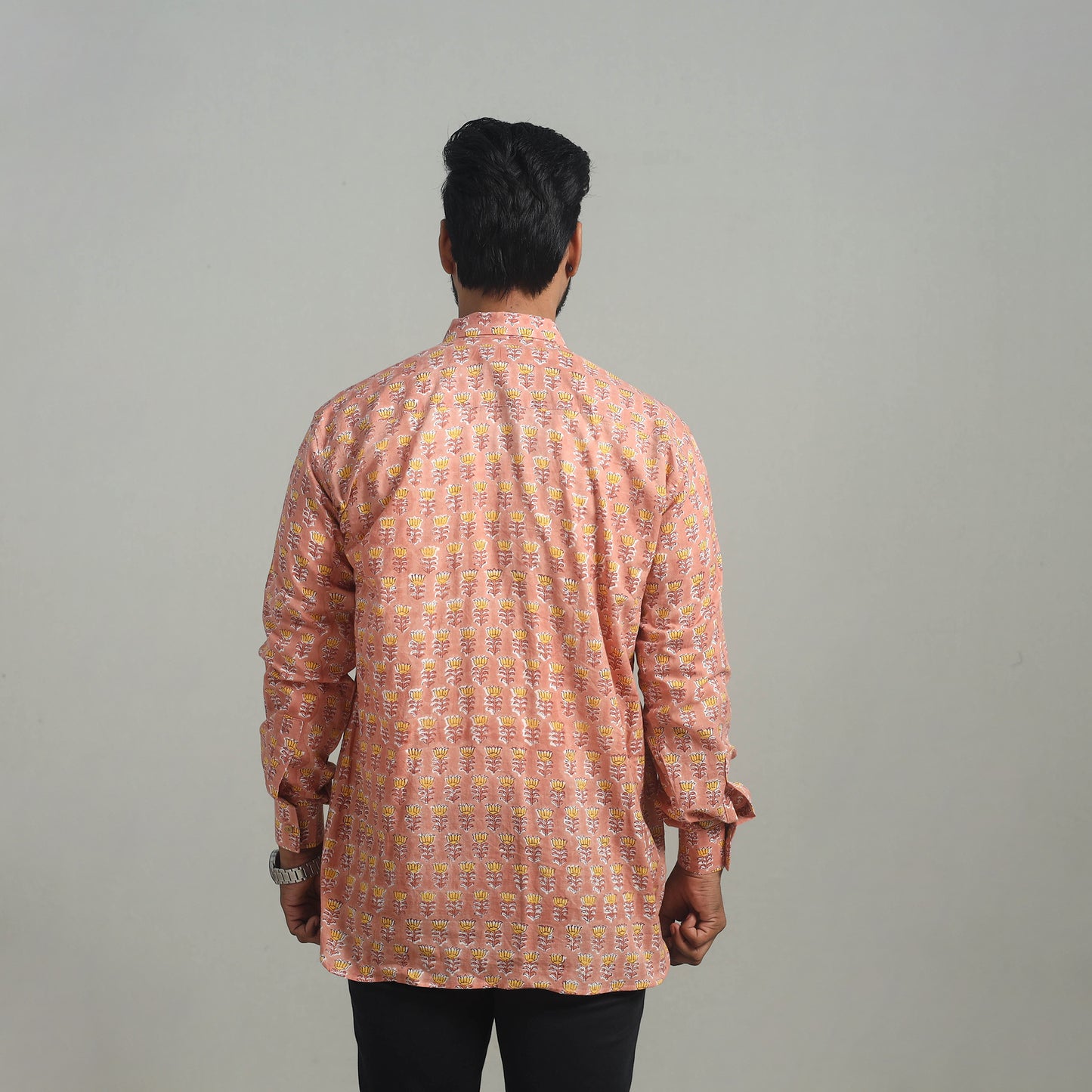 Peach - Full Sleeve Cotton Men Sanganeri Print Shirt 09