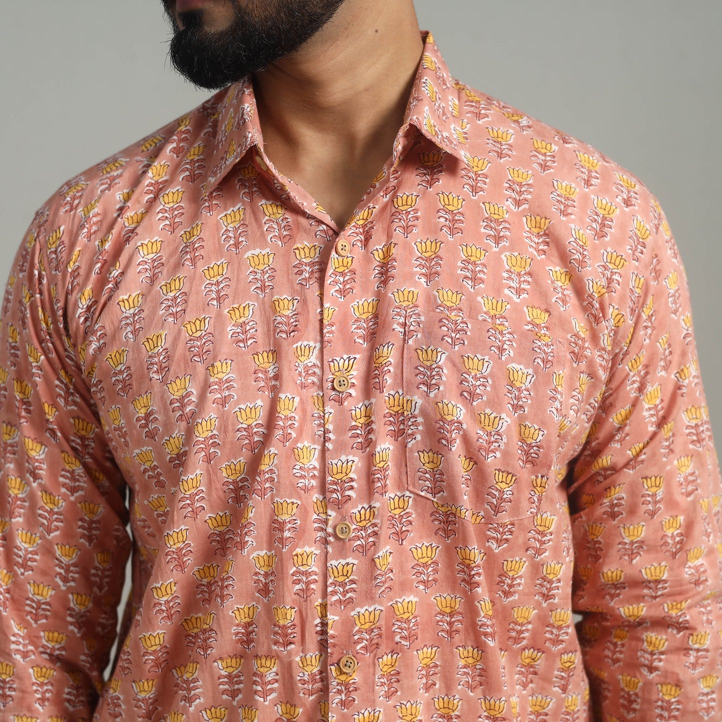 Peach - Full Sleeve Cotton Men Sanganeri Print Shirt 09