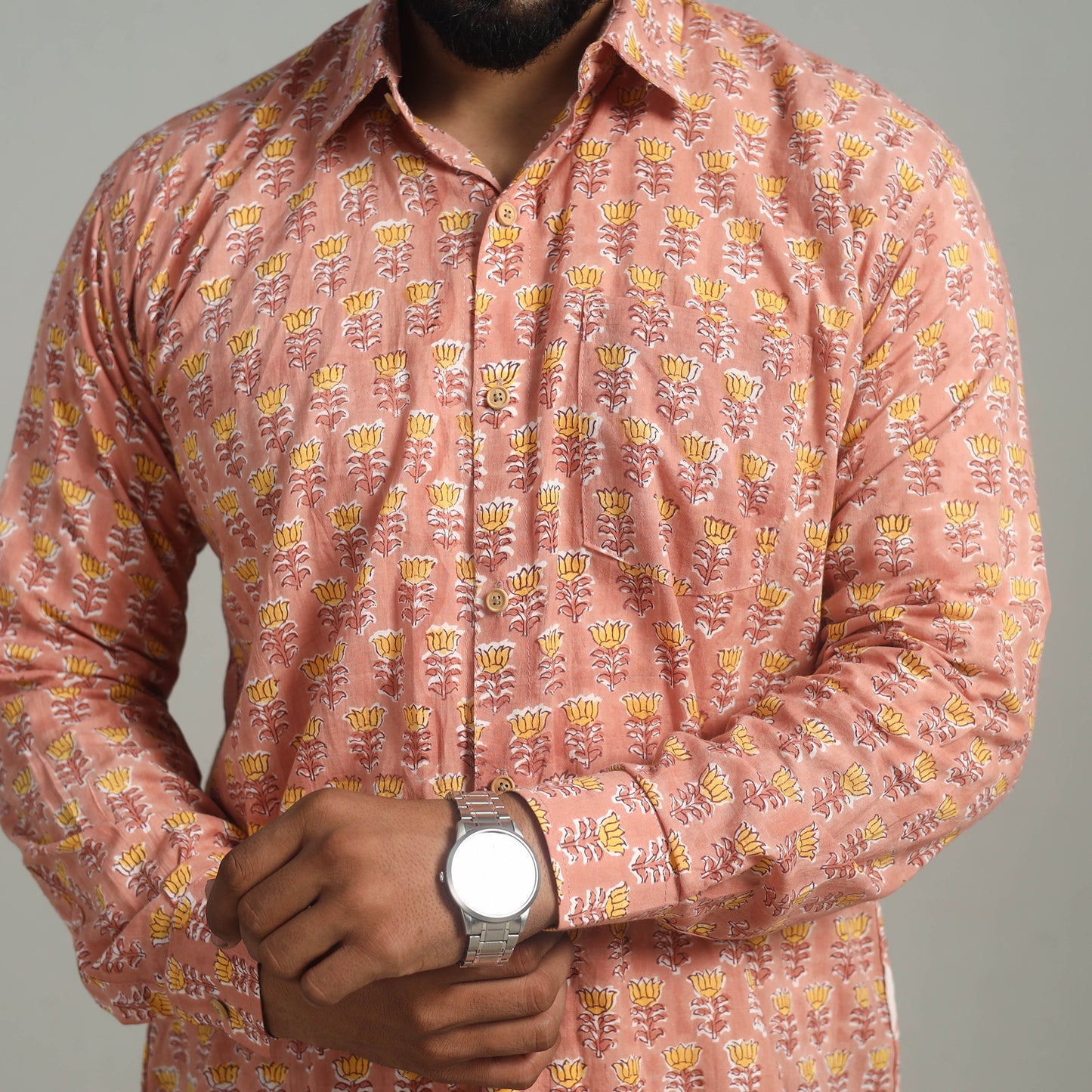 Peach - Full Sleeve Cotton Men Sanganeri Print Shirt 09