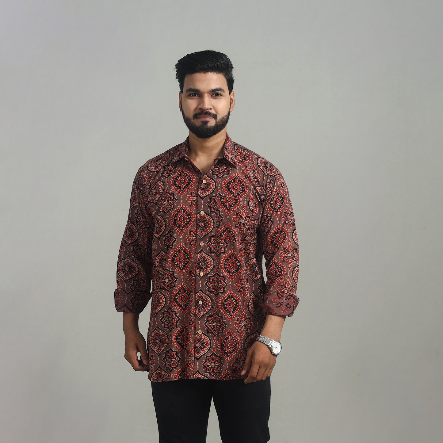 Brown - Natural Dyed Cotton Men Ajrakh Print Shirt 02