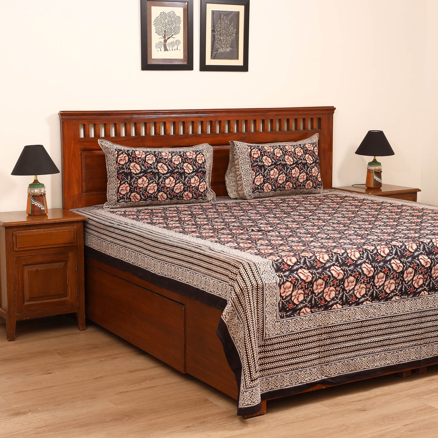 Bagru Hand Block Print Natural Dyed Cotton Double Bedsheet Set (108 x 90 in) 21