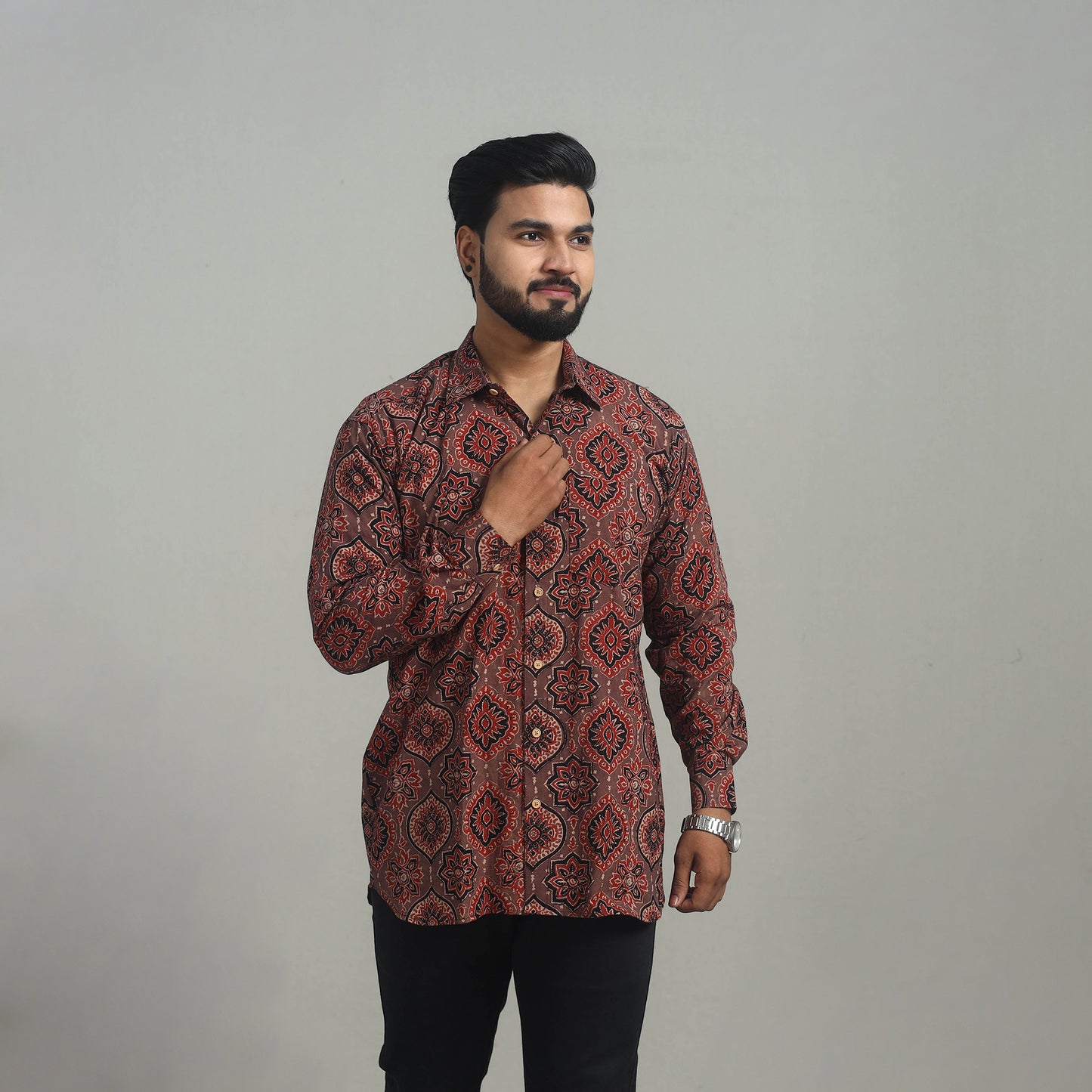 Brown - Natural Dyed Cotton Men Ajrakh Print Shirt 02